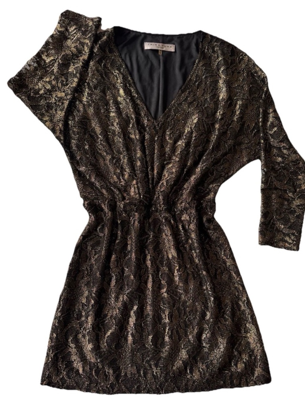 Trina Turk Dress Size 4 Metallic Gold Black Lace Blouson V-Neck cocktail